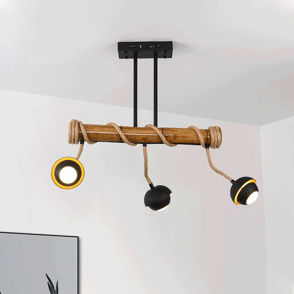 Industrial Linear Chandelier With Bamboo Tube And Rope 2/3/6 Bulbs Black Iron Pendant Lamp -