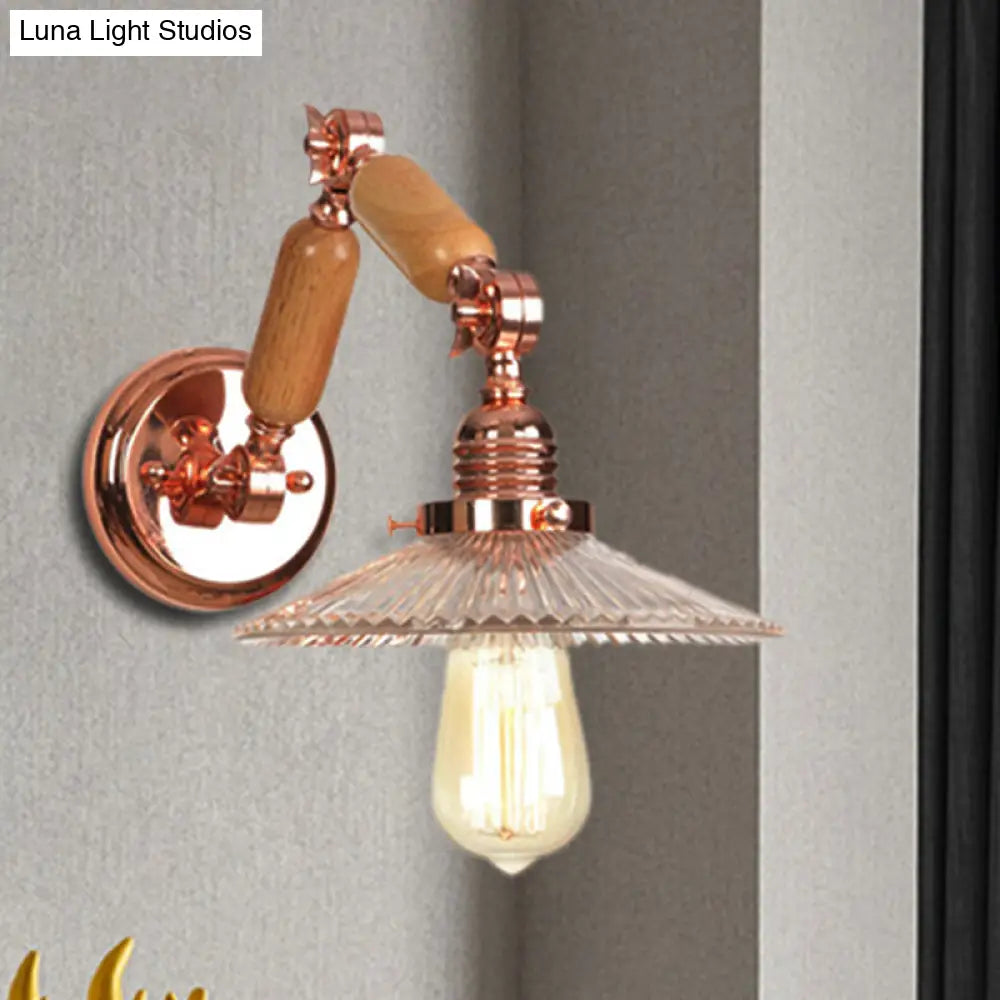 Industrial Living Room Sconce With Clear Prismatic Glass Shade And Curved Arm