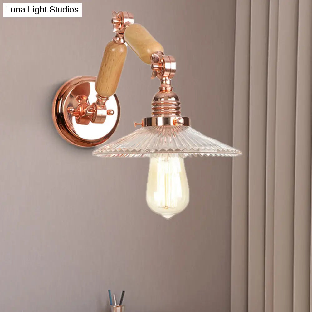 Industrial Living Room Sconce With Clear Prismatic Glass Shade And Curved Arm