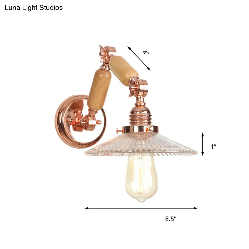 Industrial Living Room Sconce With Clear Prismatic Glass Shade And Curved Arm