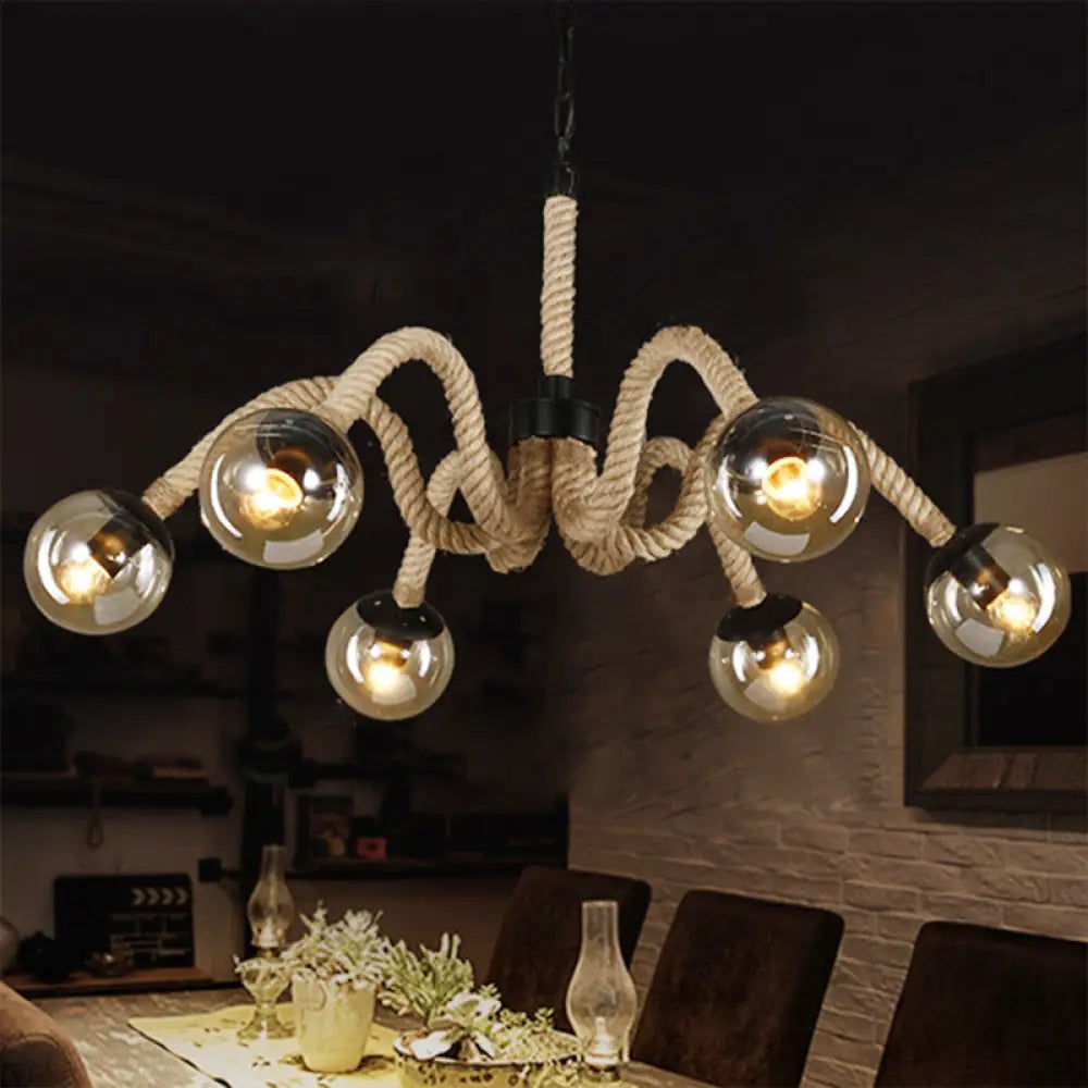 Industrial Loft 6-Head Beige Rope Chandelier With Tan Glass Shade For Bar Ceiling