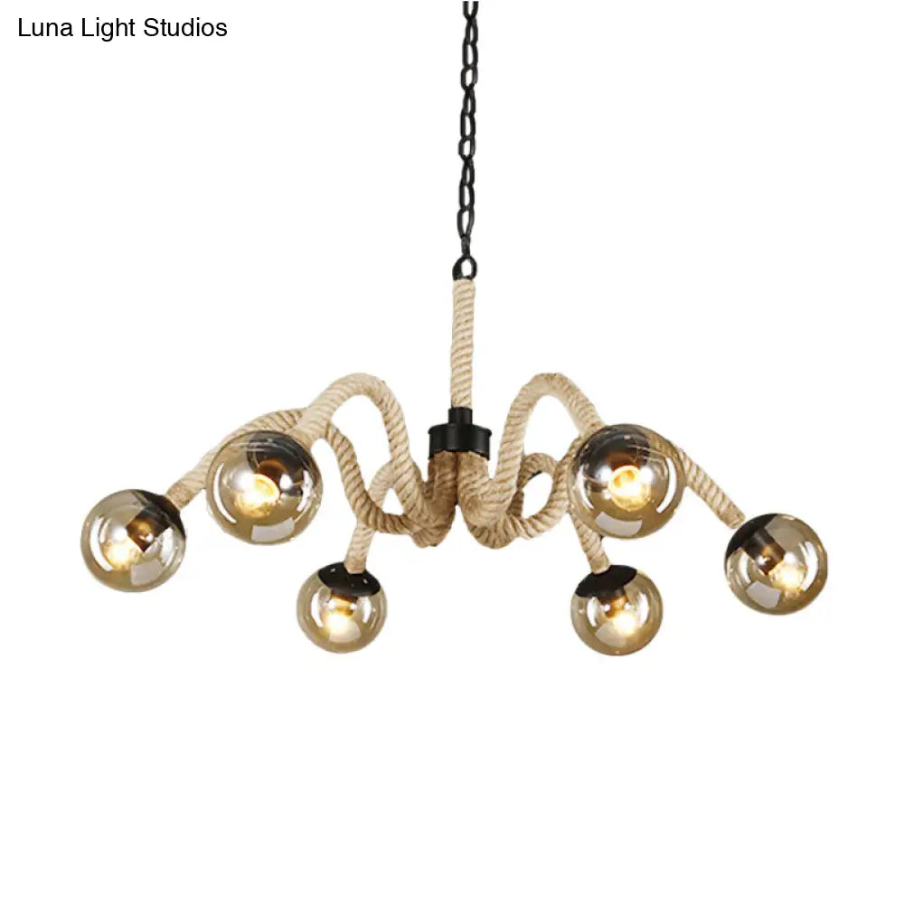 Industrial Beige Rope Chandelier With Tan Glass Shades - 6 Head Ceiling Light For Bars