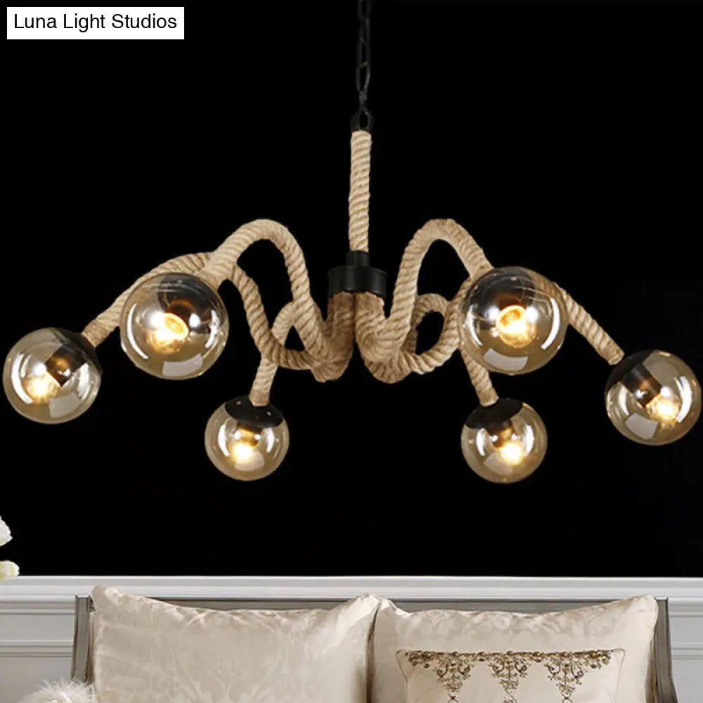 Industrial Beige Rope Chandelier With Tan Glass Shades - 6 Head Ceiling Light For Bars