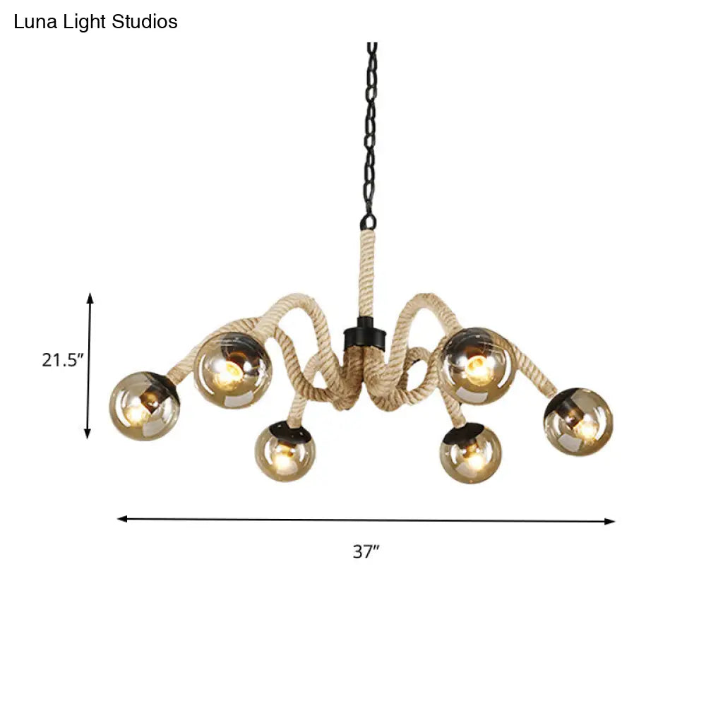 Industrial Beige Rope Chandelier With Tan Glass Shades - 6 Head Ceiling Light For Bars