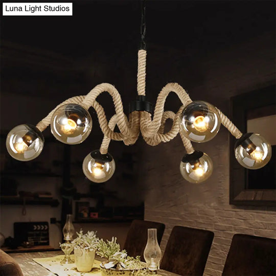 Industrial Beige Rope Chandelier With Tan Glass Shades - 6 Head Ceiling Light For Bars