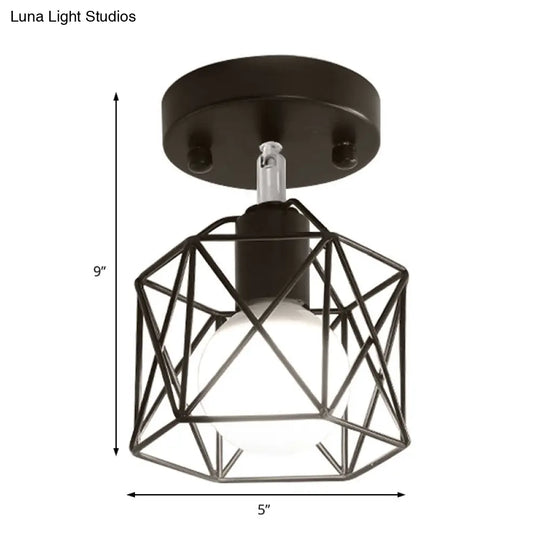 Industrial Loft Black Iron Hexagon Semi Flush Ceiling Light With Wire Guard For Kitchen