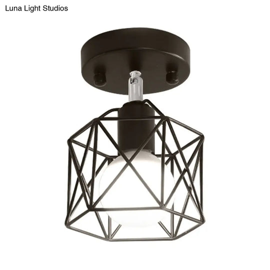 Industrial Loft Black Iron Hexagon Semi Flush Ceiling Light With Wire Guard For Kitchen