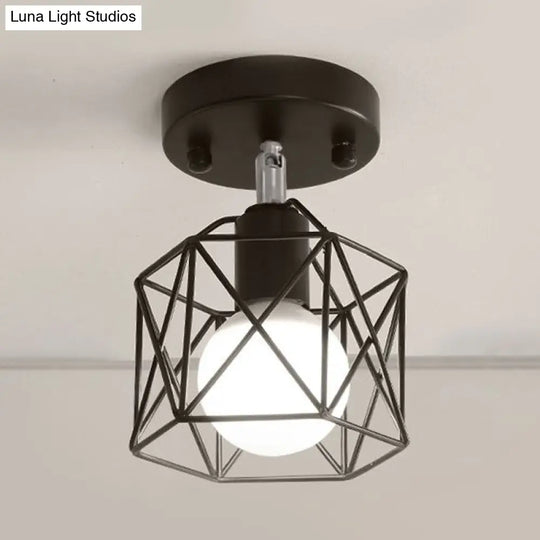 Industrial Loft Black Iron Hexagon Semi Flush Ceiling Light With Wire Guard For Kitchen