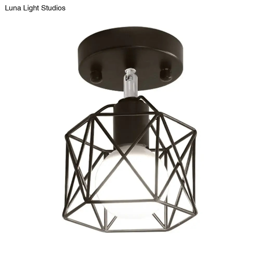 Industrial Loft Black Iron Hexagon Semi Flush Ceiling Light With Wire Guard For Kitchen