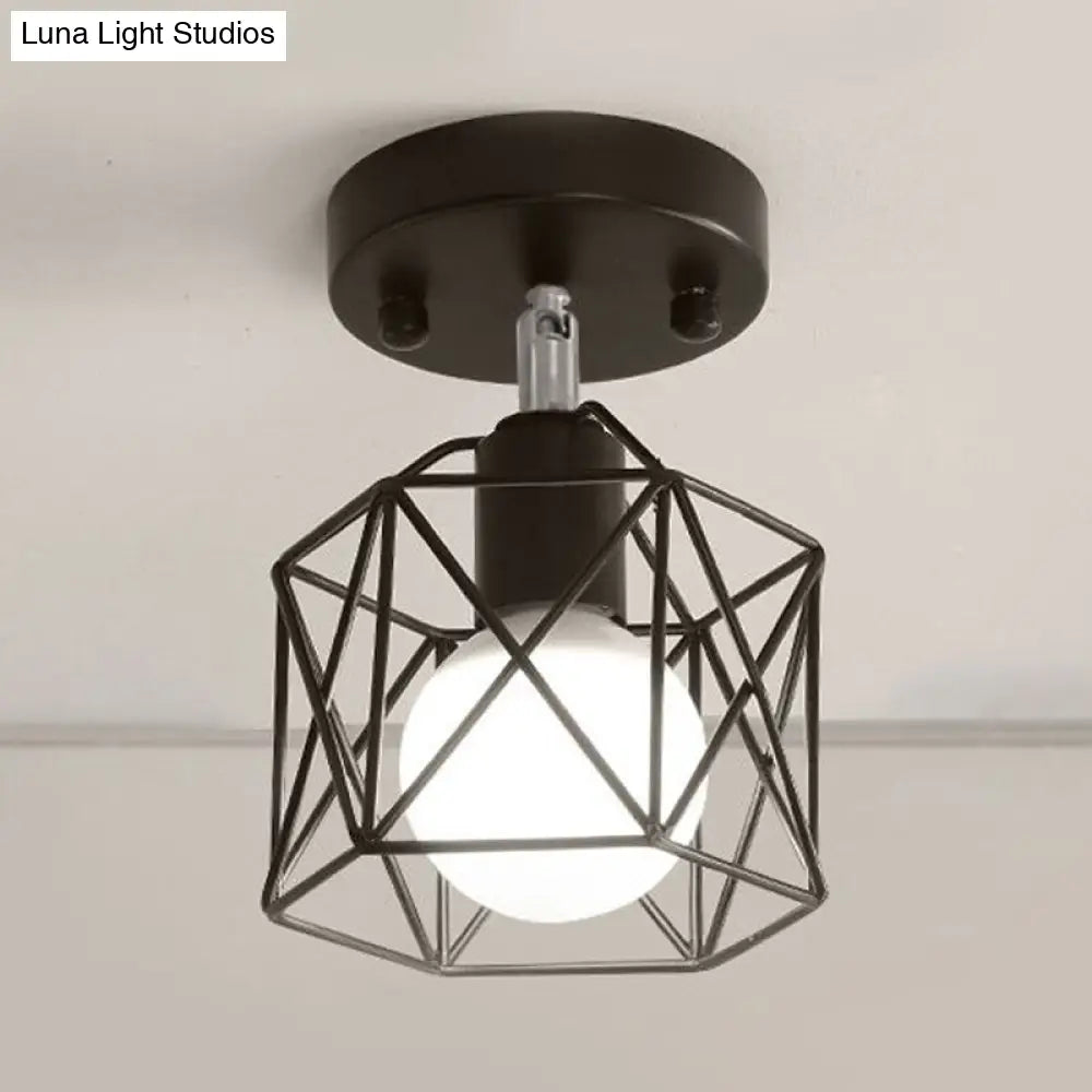 Industrial Loft Black Iron Hexagon Semi Flush Ceiling Light With Wire Guard For Kitchen