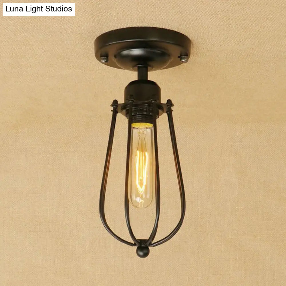 Industrial Loft Black Metallic Mini Cage Semi Flush Light Fixture - 1 Close To Ceiling