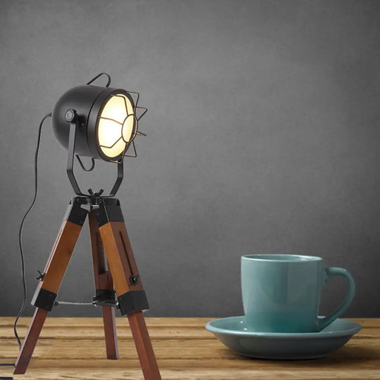 Industrial Loft Desk Lamp With Tripod Metal And Wood Table Light In Brown