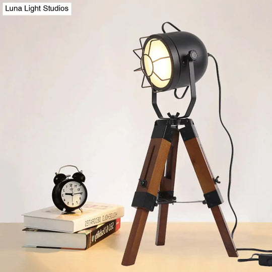 Industrial Loft Desk Lamp With Tripod Metal And Wood Table Light In Brown