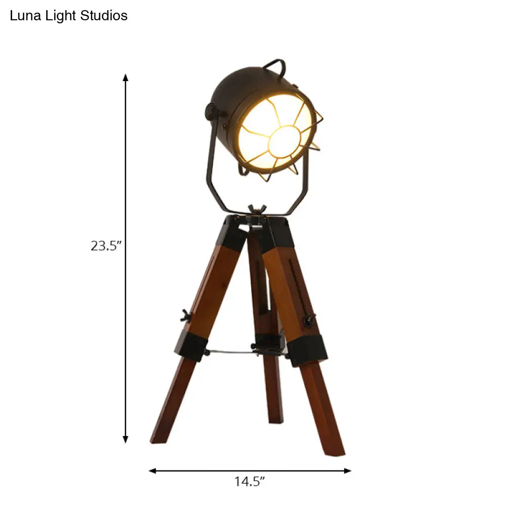 Industrial Loft Desk Lamp With Tripod Metal And Wood Table Light In Brown