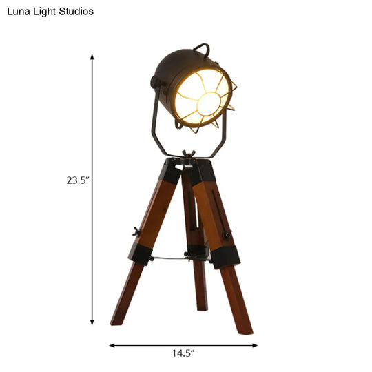 Industrial Loft Desk Lamp With Tripod Metal And Wood Table Light In Brown