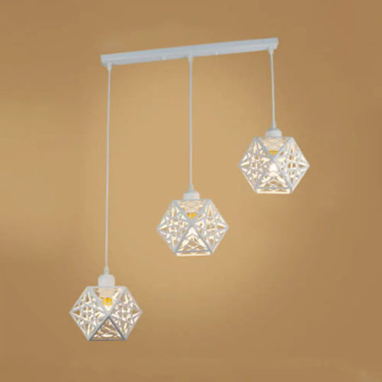 Industrial Loft Faceted Cage Pendant Lamp - 3 Lights Metallic Hanging Light Adjustable Cord White /