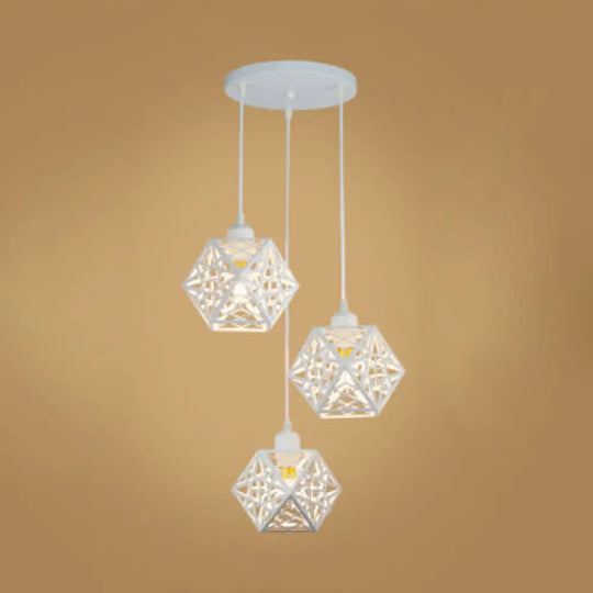 Industrial Loft Faceted Cage Pendant Lamp - 3 Lights Metallic Hanging Light Adjustable Cord White /