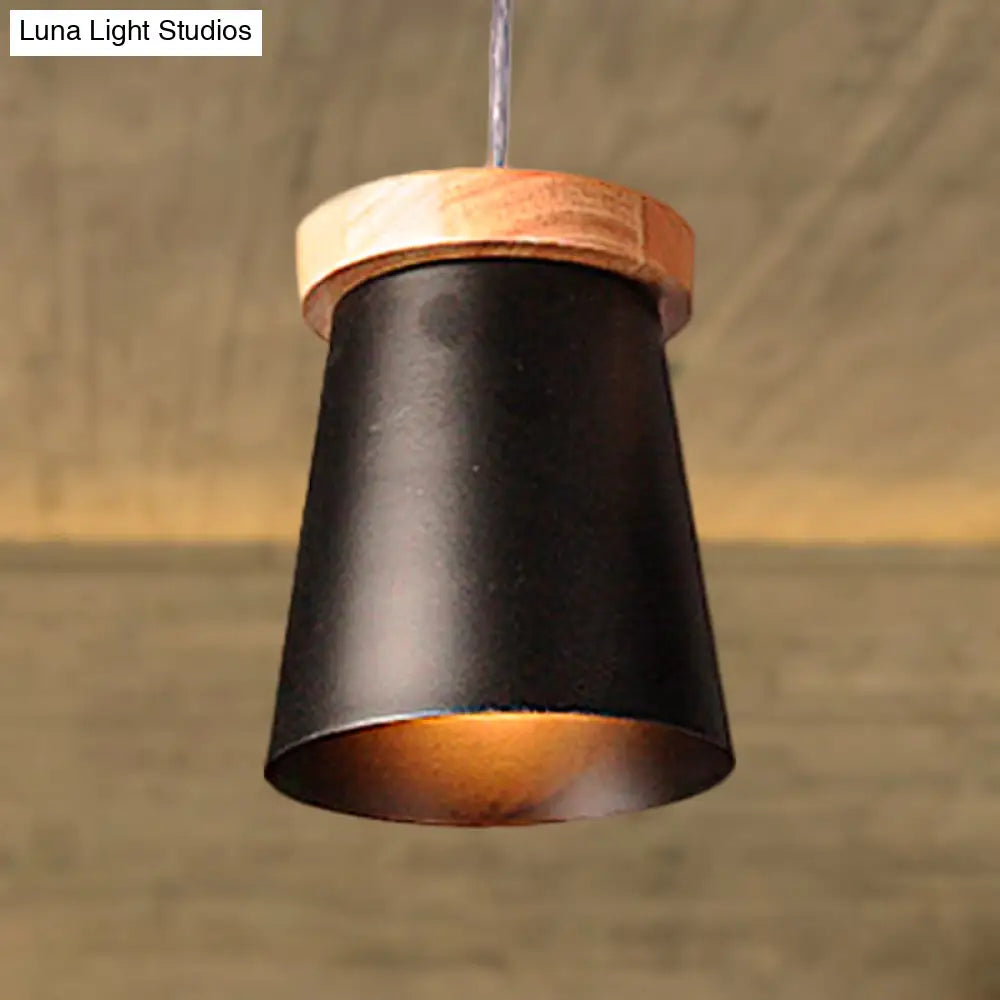 Industrial Loft Metal And Wood Kitchen Pendant Ceiling Light Black Finish With Bucket Suspension - 1