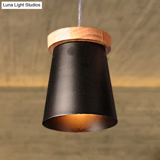 Industrial Loft Metal And Wood Kitchen Pendant Ceiling Light Black Finish With Bucket Suspension - 1