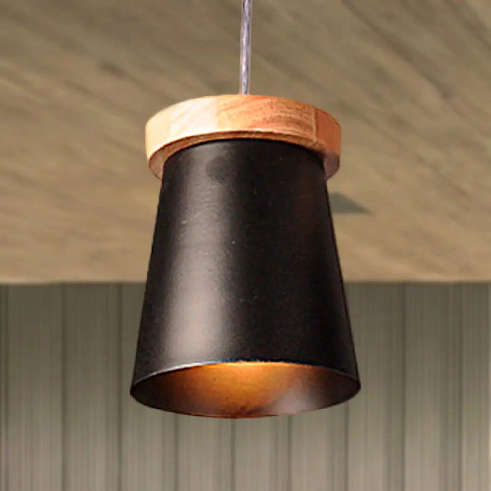 Industrial Loft Metal And Wood Kitchen Pendant Ceiling Light Black Finish With Bucket Suspension - 1