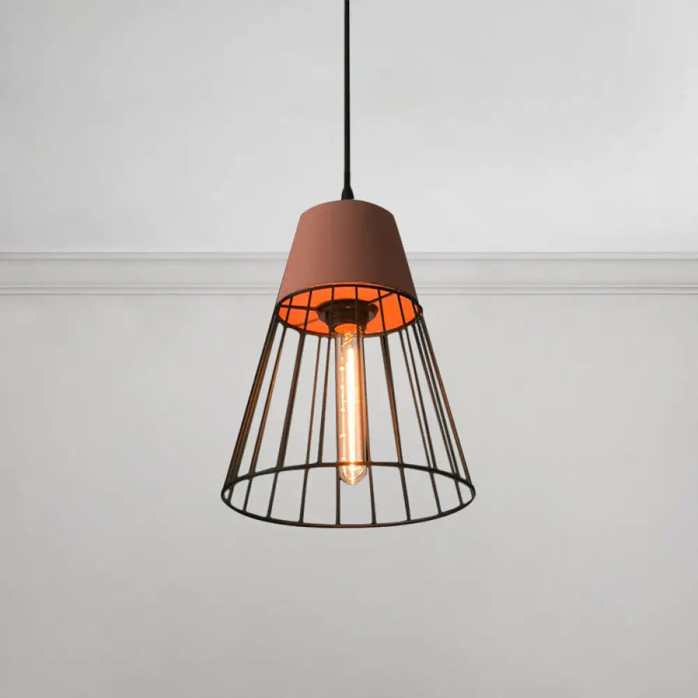 Industrial Loft Metallic Pendant Lighting - Gray/Red Tapered Design With Wire Guard Ideal For