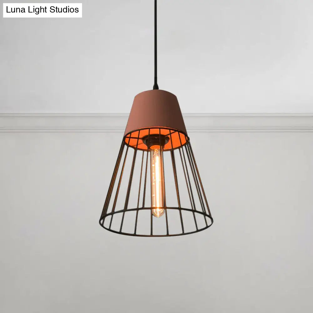 Metallic Industrial Loft Pendant Light With Wire Guard - Gray/Red Tapered Design For Dining Room