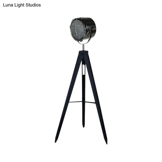 Industrial Loft Tripod Floor Lamp - Studio Spotlight Design Metal And Wood Black/White