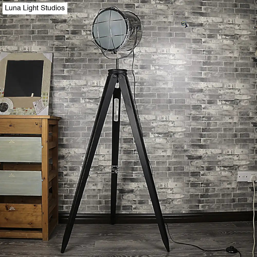 Industrial Loft Tripod Floor Lamp - Studio Spotlight Design Metal And Wood Black/White