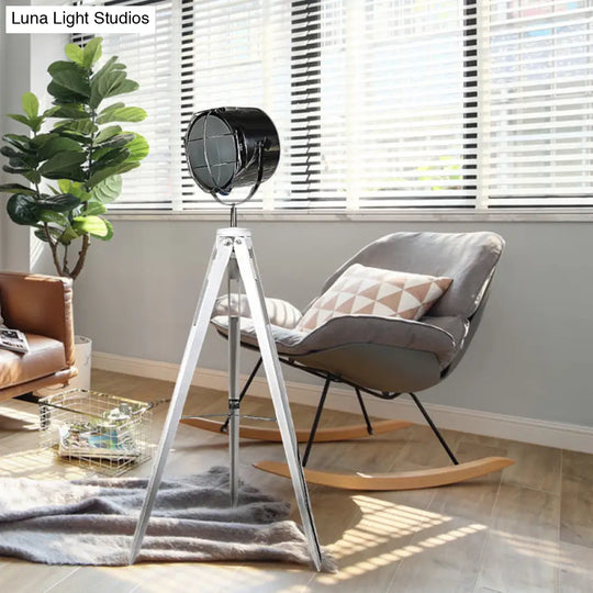 Industrial Loft Tripod Floor Lamp - Studio Spotlight Design Metal And Wood Black/White