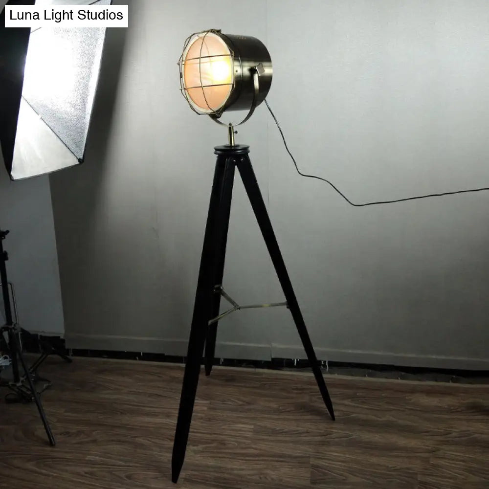 Industrial Loft Tripod Floor Lamp - Studio Spotlight Design Metal And Wood Black/White