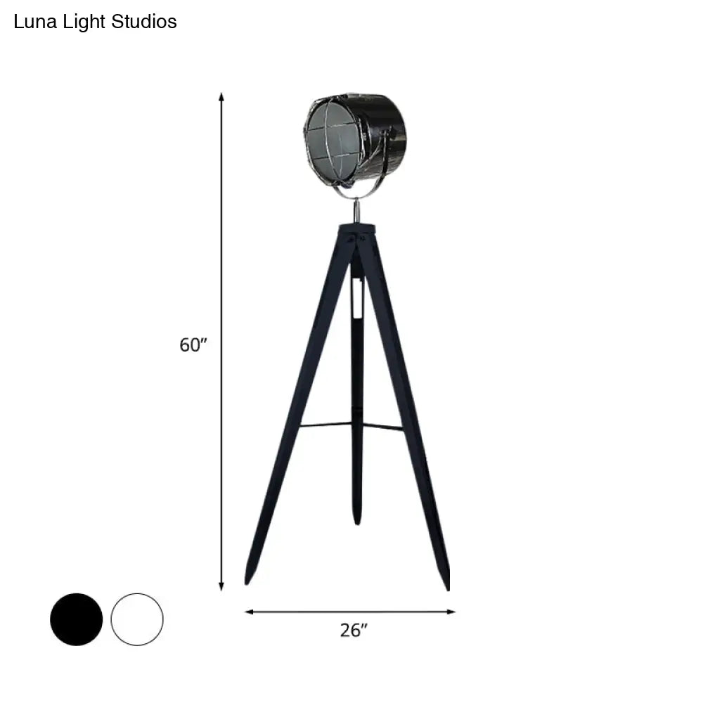 Industrial Loft Tripod Floor Lamp - Studio Spotlight Design Metal And Wood Black/White