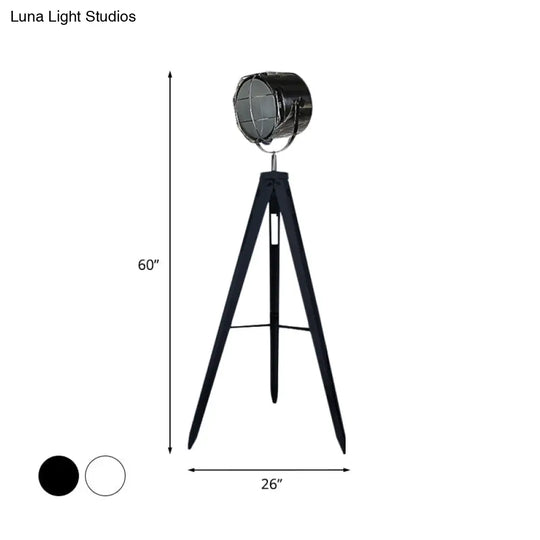 Industrial Loft Tripod Floor Lamp - Studio Spotlight Design Metal And Wood Black/White