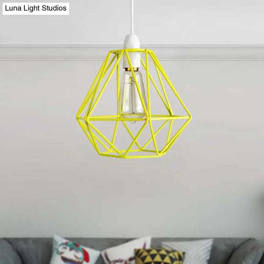 Industrial Loft Yellow/White Wire Frame Hanging Pendant Light - Modern Metal Lamp For Living Room