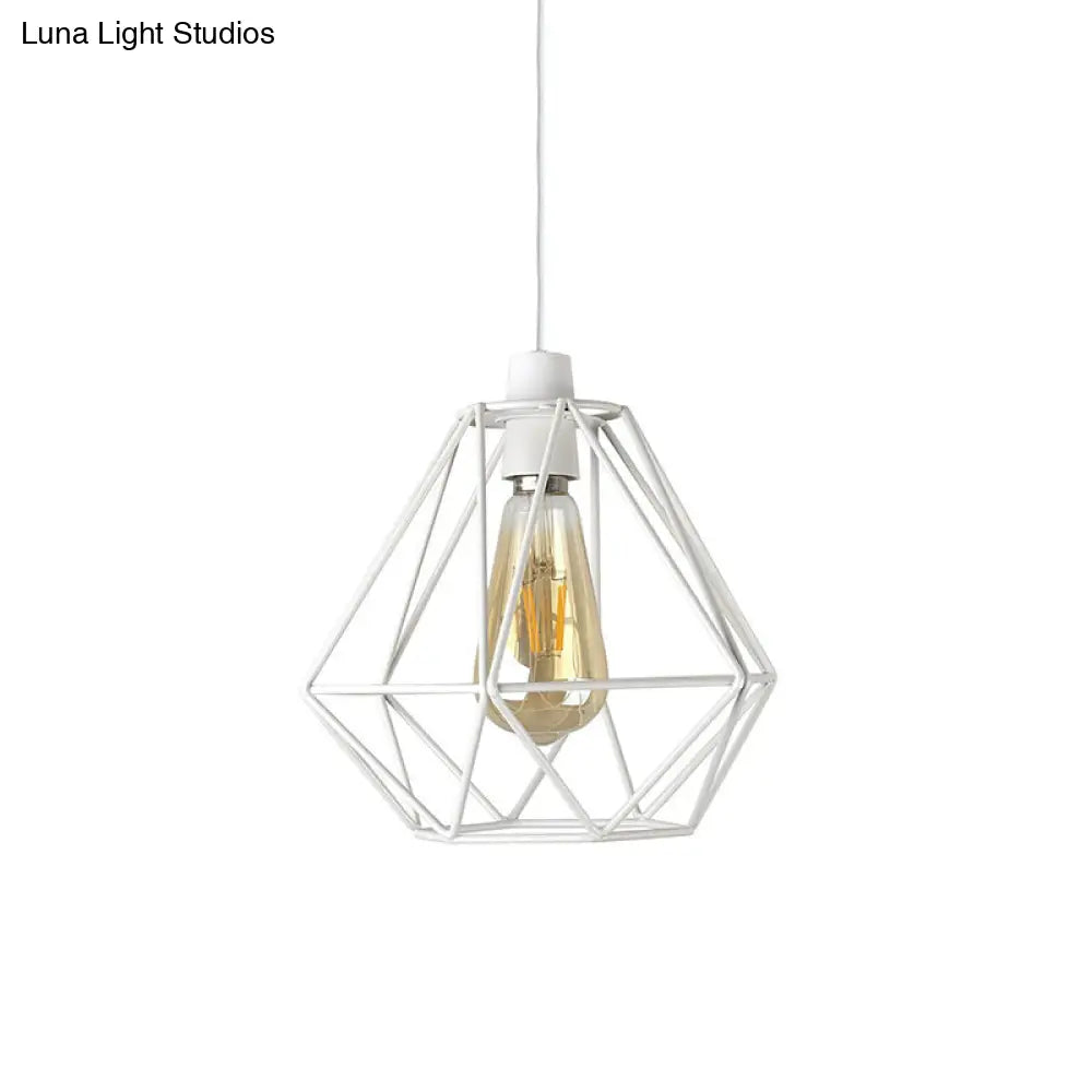 Yellow/White Metal Industrial Loft Pendant Light For Living Room - Wire Frame Hanging Lamp White