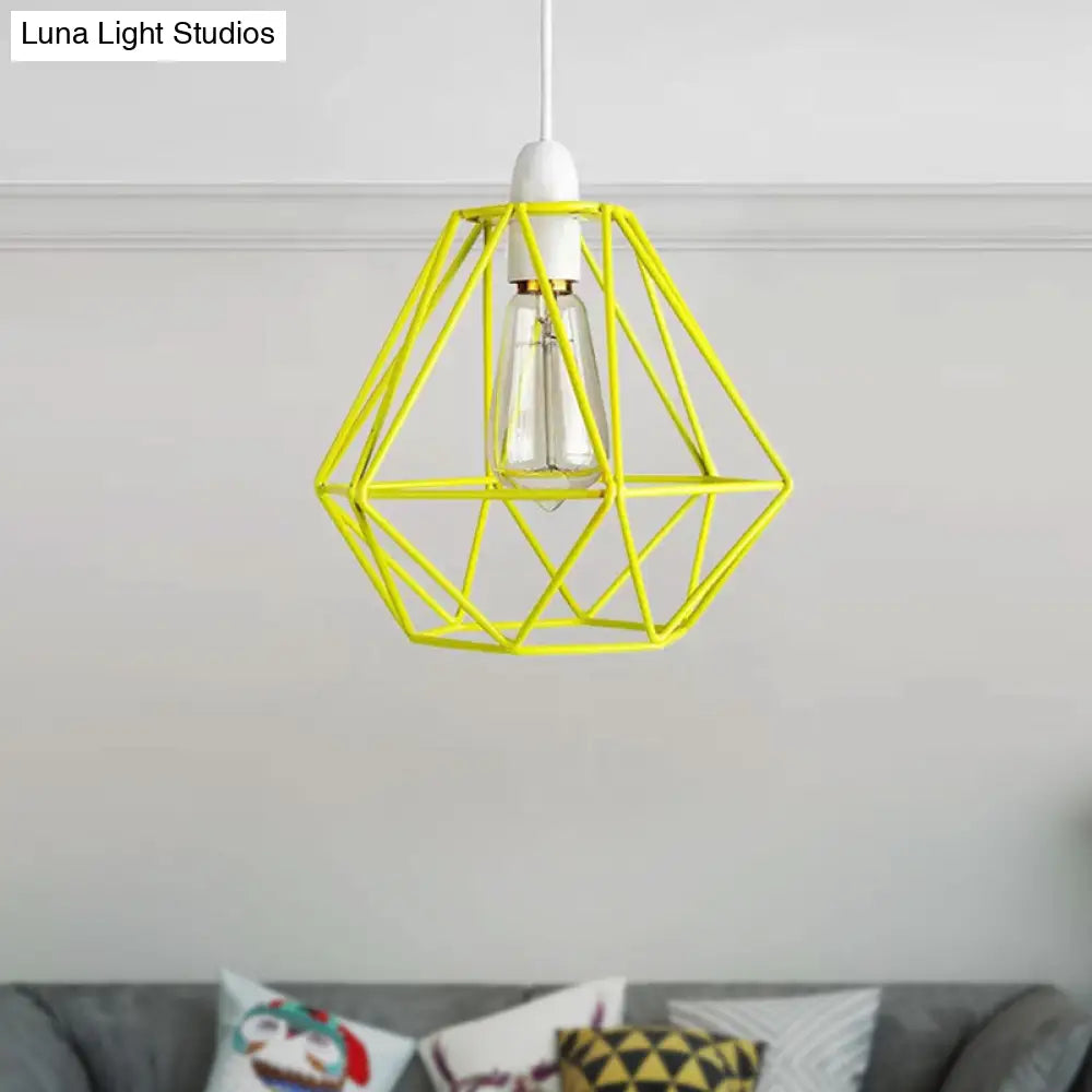 Yellow/White Metal Industrial Loft Pendant Light For Living Room - Wire Frame Hanging Lamp