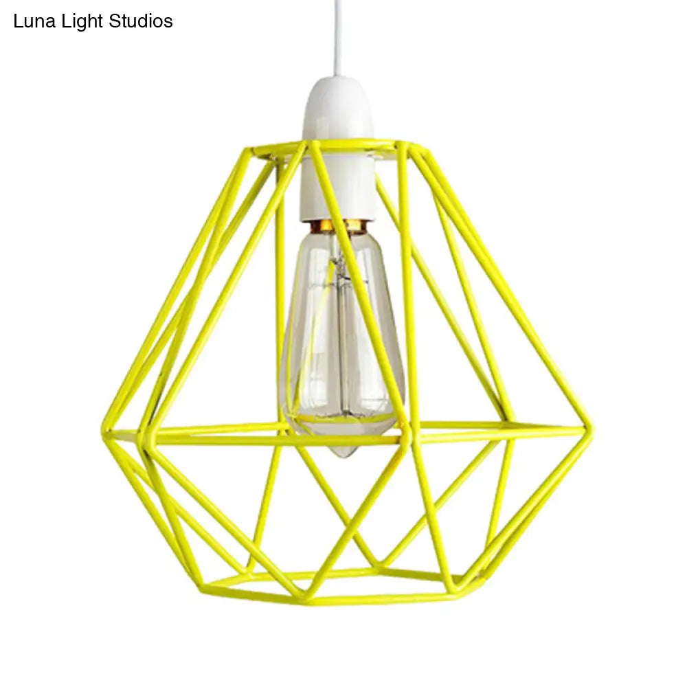 Yellow/White Metal Industrial Loft Pendant Light For Living Room - Wire Frame Hanging Lamp