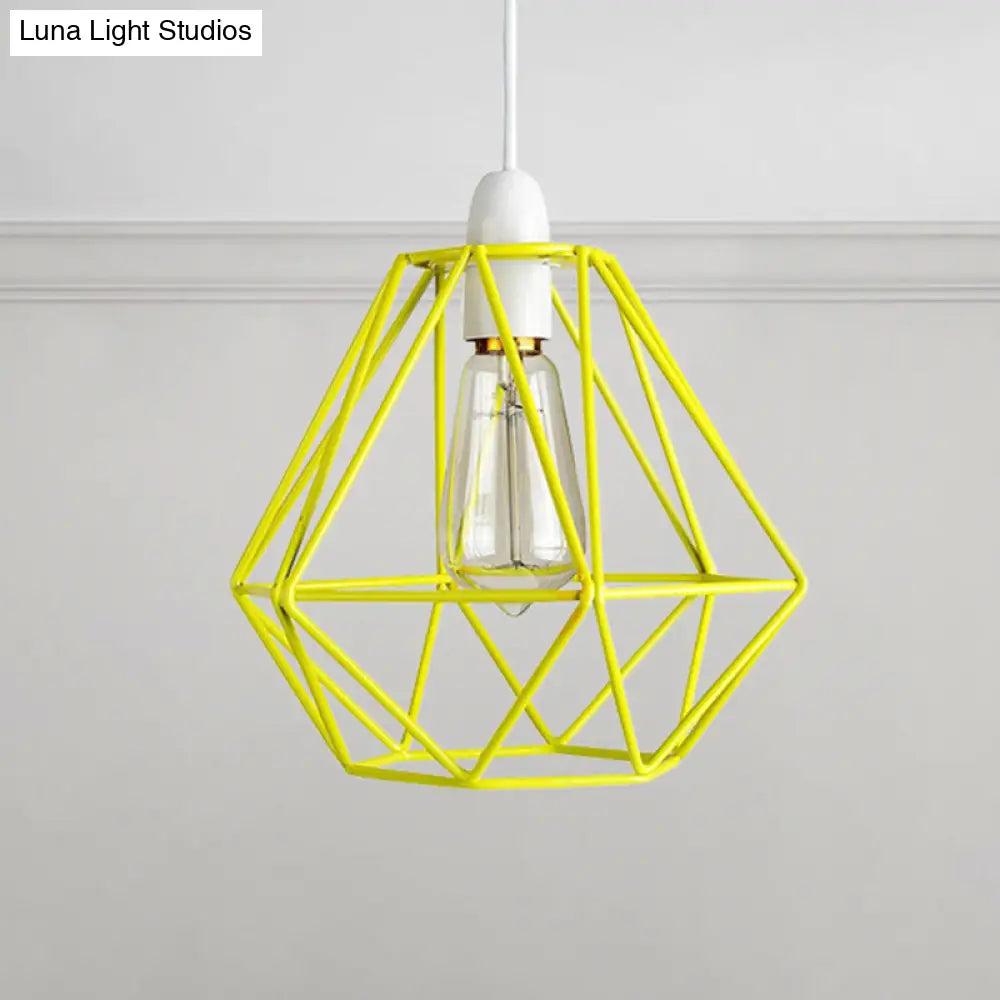 Yellow/White Metal Industrial Loft Pendant Light For Living Room - Wire Frame Hanging Lamp Yellow