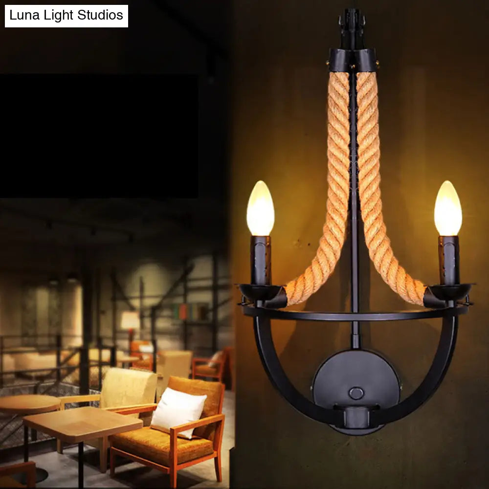 Industrial Manila Rope Wall Sconce With Open Bulbs - 2 Lights In Black For Living Room