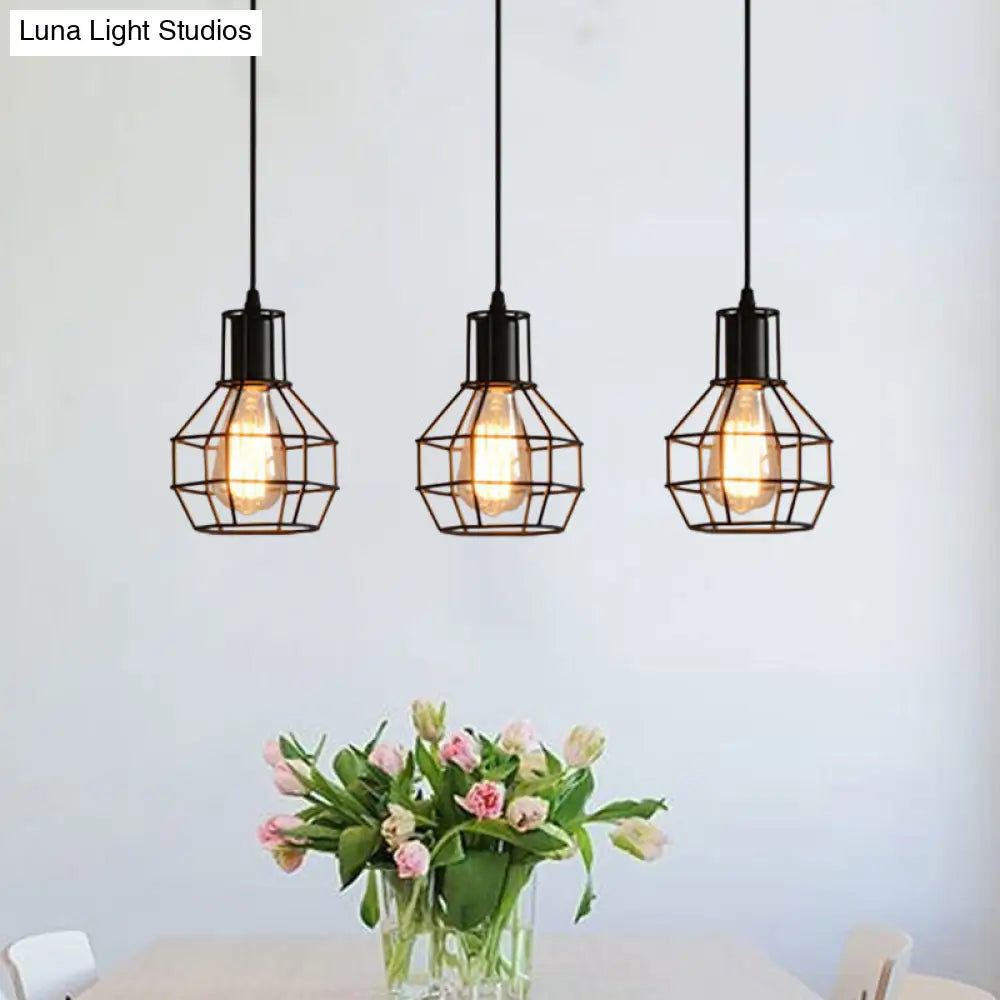 Industrial Matte Black Caged Pendant Light With Globe Shade - 3 Heads Metallic Finish For Dining