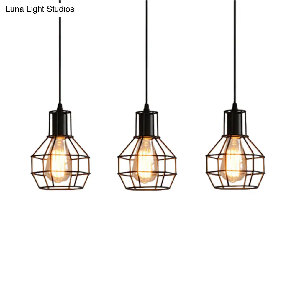 Industrial Matte Black Caged Pendant Light With Globe Shade - 3 Heads Metallic Finish For Dining