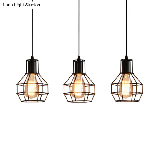 Industrial Matte Black Caged Pendant Light With Globe Shade - 3 Heads Metallic Finish For Dining