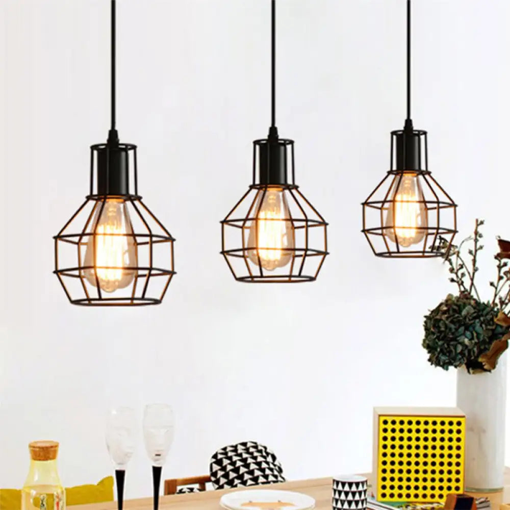 Industrial Matte Black Caged Pendant Light With Globe Shade - 3 Heads Metallic Finish For Dining