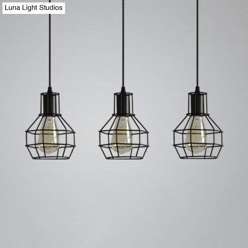 Industrial Matte Black Caged Pendant Light With Globe Shade - 3 Heads Metallic Finish For Dining