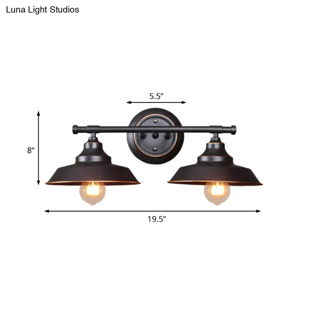 Industrial Matte Black Metal Sconce Light Fixture - 2-Light Barn Shade Wall Lamp For Living Room