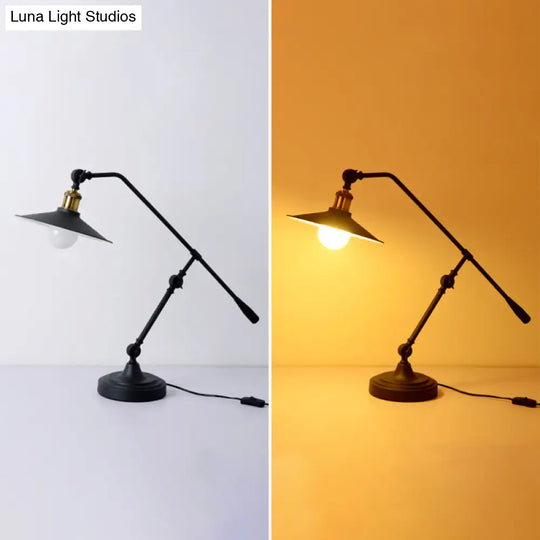 Industrial Matte Black Metal Table Lamp With Balance Arm - Single Wide Flared Reading Light