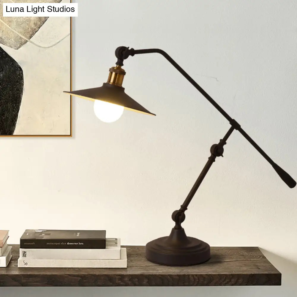 Industrial Matte Black Metal Table Lamp With Balance Arm - Single Wide Flared Reading Light