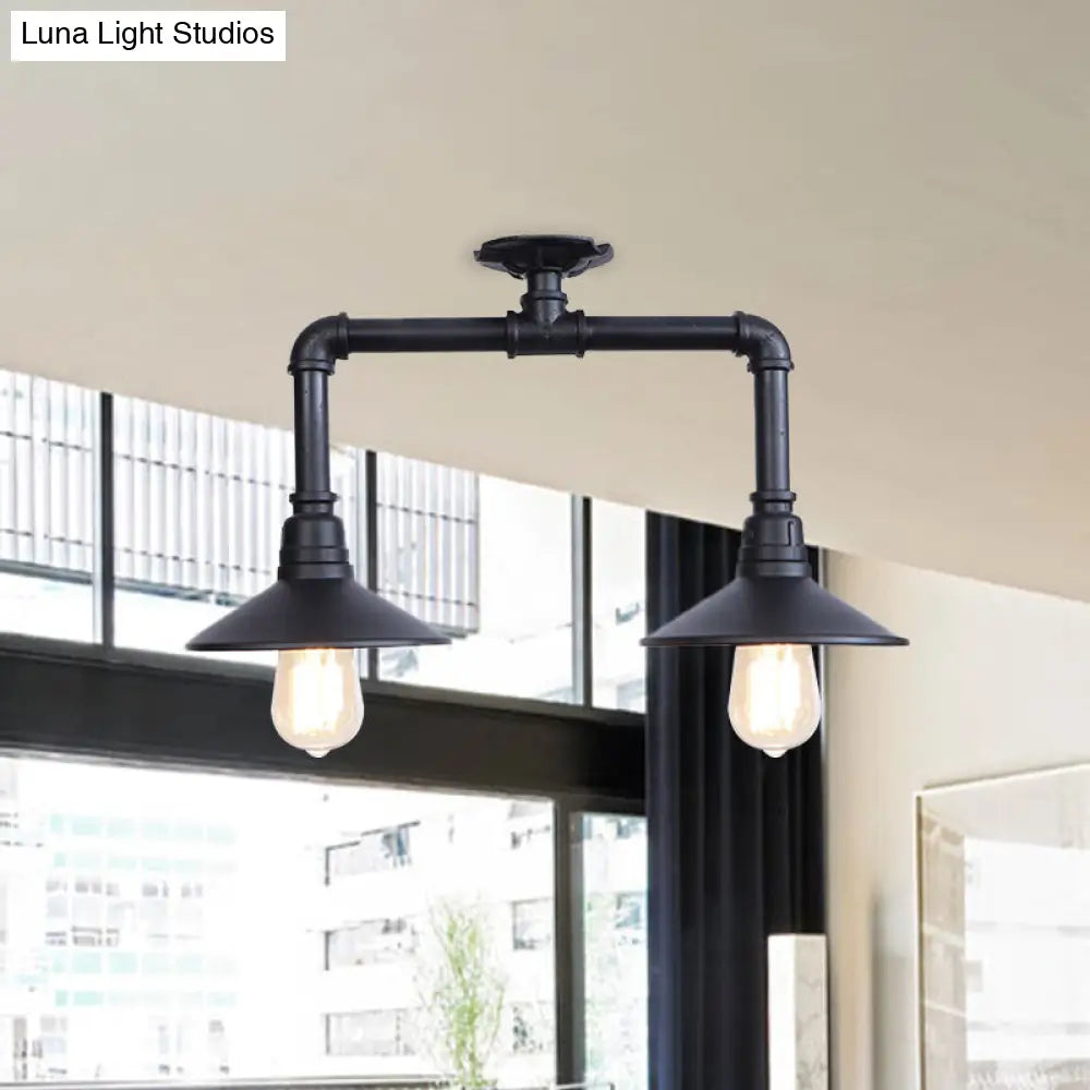 Industrial Matte Black Metallic Semi Flush Ceiling Light Fixture For Balcony - 2-Light Saucer Design