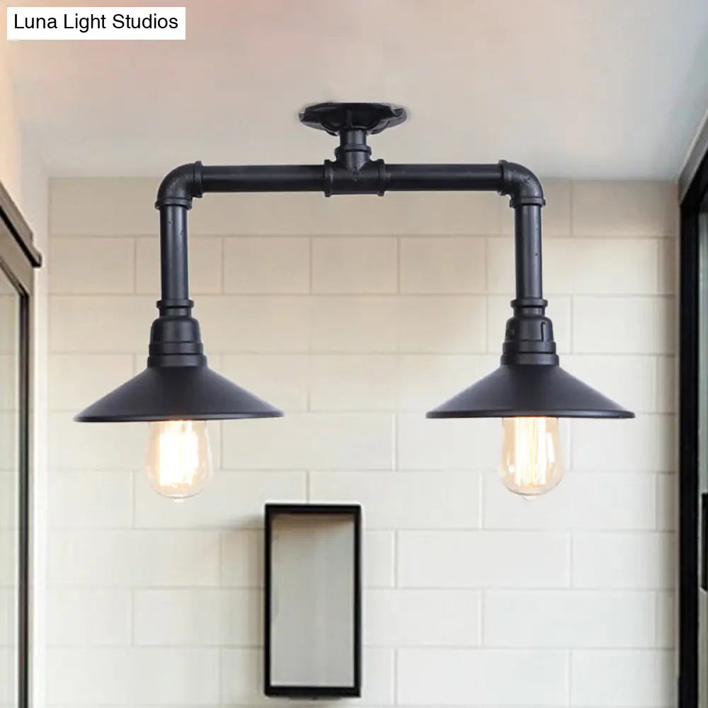 Industrial Matte Black Metallic Semi Flush Ceiling Light Fixture For Balcony - 2-Light Saucer Design