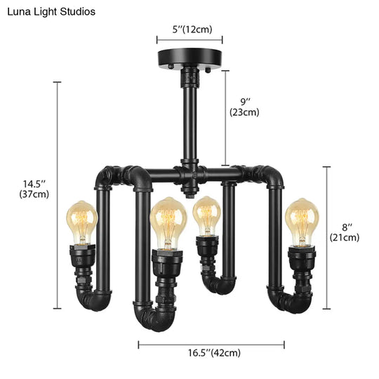 Industrial Matte Black Water Pipe Ceiling Light Fixture With 4 Lights