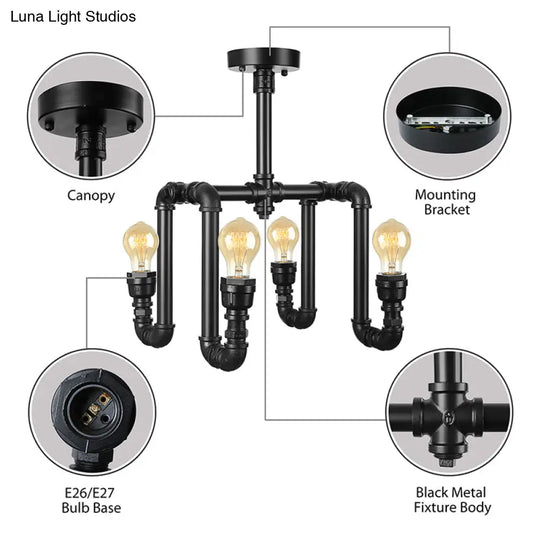 Industrial Matte Black Water Pipe Ceiling Light Fixture With 4 Lights